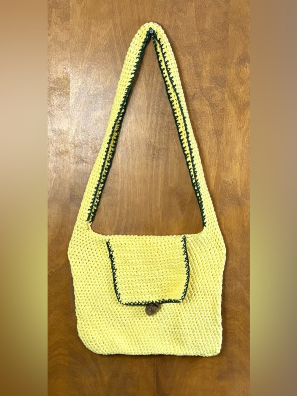 Vintage Handmade Yellow Crochet Shoulder Bag Purse Y2K Artsy Boho Hippie Earthy